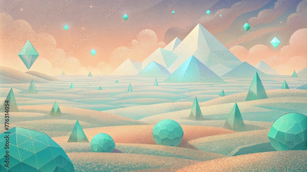 Poster A dreamy abstract landscape of soft mint diamonds tered across a peachcolored field.