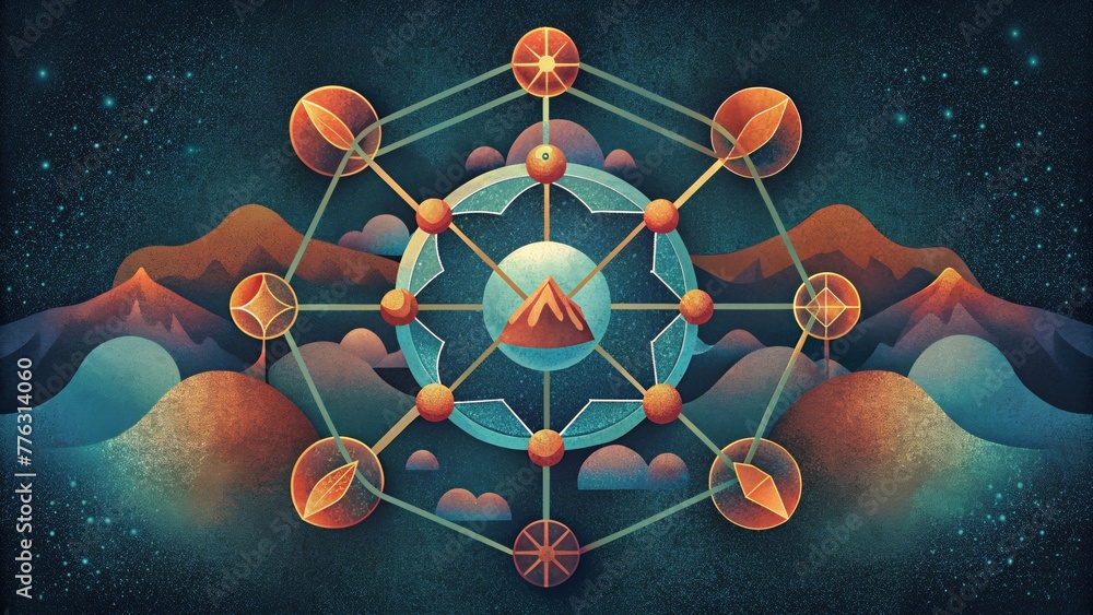 Leinwandbilder A series of interconnected glyphs forming a complex web that tells the story of creation and the forces of nature.
