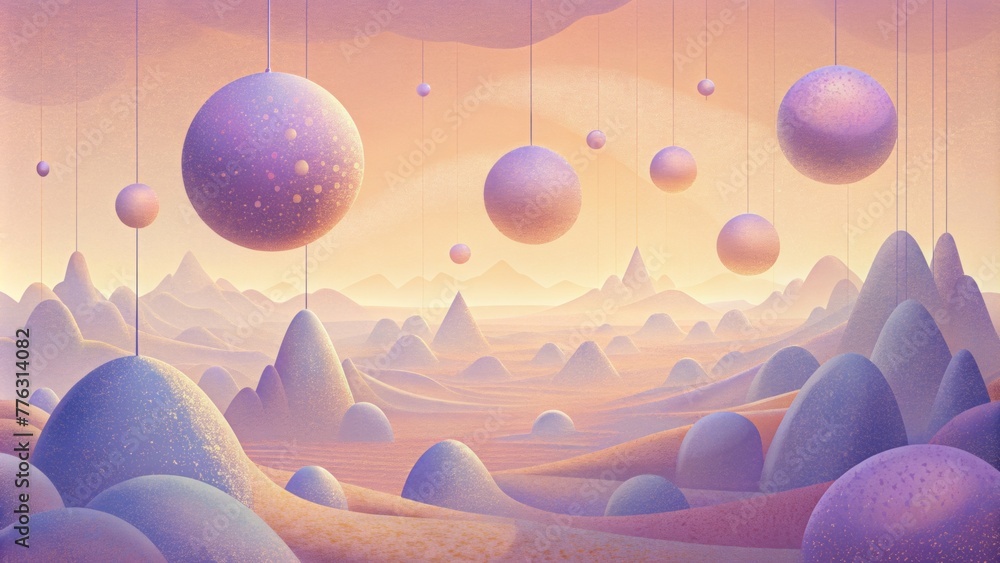 Poster a hazy ethereal of soft purple spheres suspended in a sea of pale orange polygons.