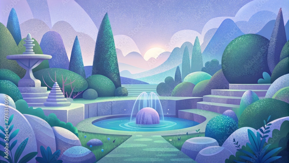 Poster a tranquil garden of abstract shapes in muted shades of blue green and lavender creating a serene at