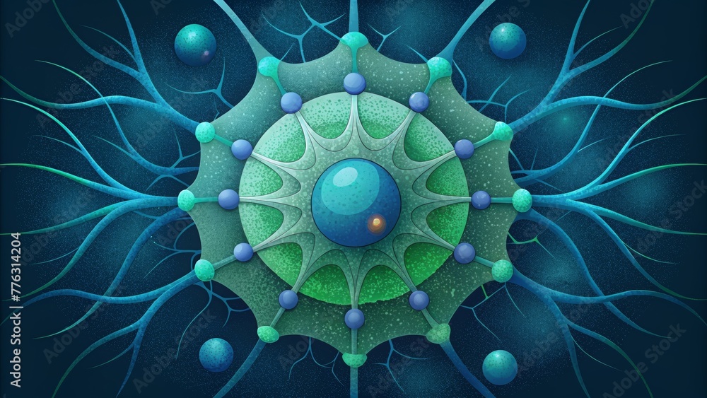 Poster A delicate web of interconnected microorganisms in shades of greens and blues resembling a coral reef.