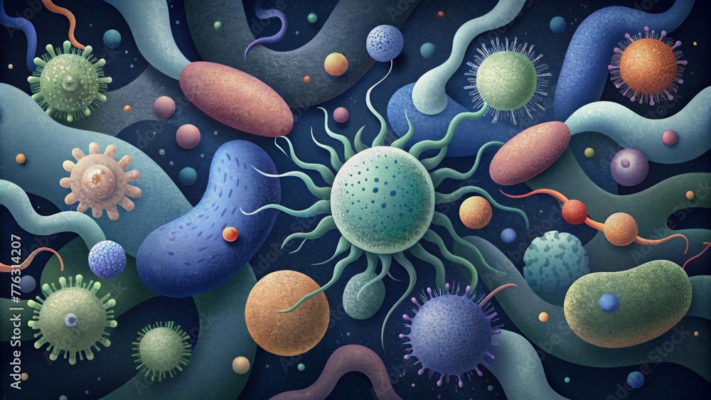 Poster an abstract collage of merging bacteria each with its own distinct texture and movement.
