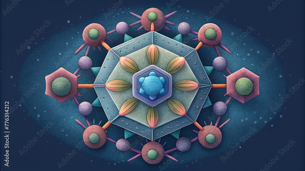 Poster A fusion of geometric shapes and biological structures mimicking the organized chaos of a bacterial colony.