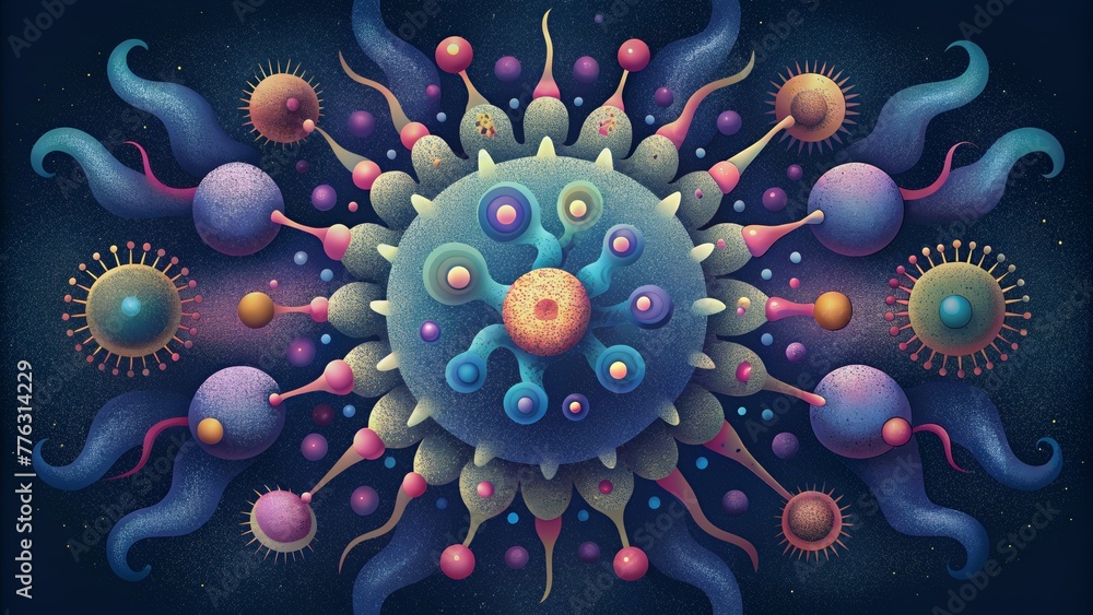 Poster a psychedelic explosion of tiny microbes resembling a kaleidoscope of biological patterns and forms.