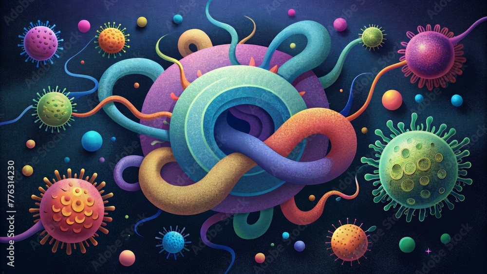 Poster a symphony of vibrant twisting microbes appearing almost like a dance in a microscopic world.