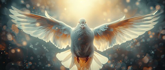 A white dove - symbol of love and peace - descends from the sky and flies in the skies. - obrazy, fototapety, plakaty