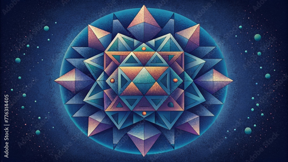 Poster A kaleidoscopic pattern of triangles and squares arranged in a circular shape evokes a sense of a gateway to a parallel universe.