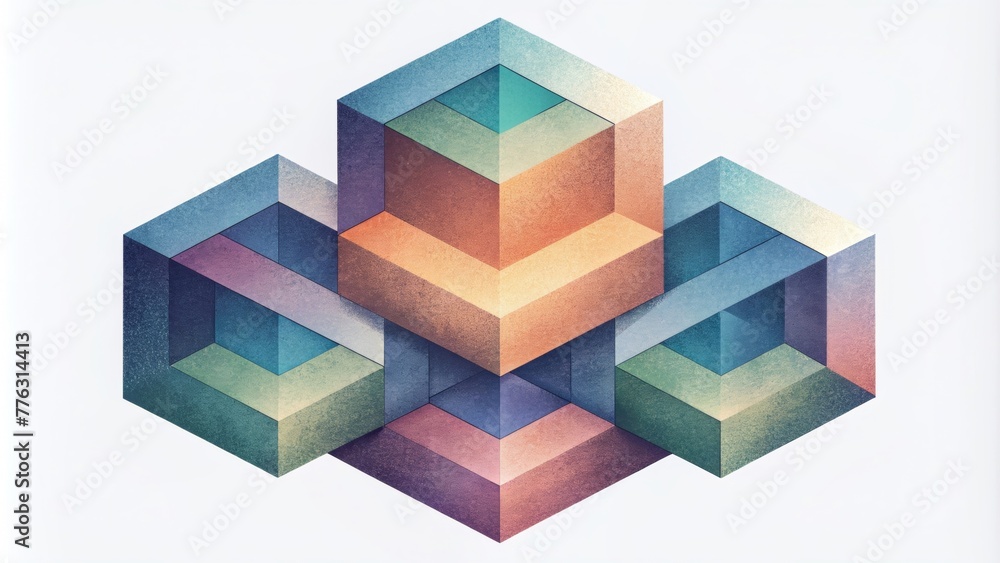 Poster A series of overlapping geometric shapes each one a different color seem to stack upon one another to create a gateway to alternate dimensions.
