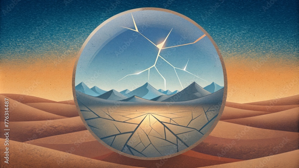 Poster a shattered mirror reflecting the abstract chaos of a dry and barren landscape.
