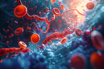 Selective focus of 3D visualization of red blood cells in blood vessels. - obrazy, fototapety, plakaty
