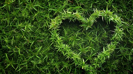 Top view of a heart shape made of green grass. Environment care concept.