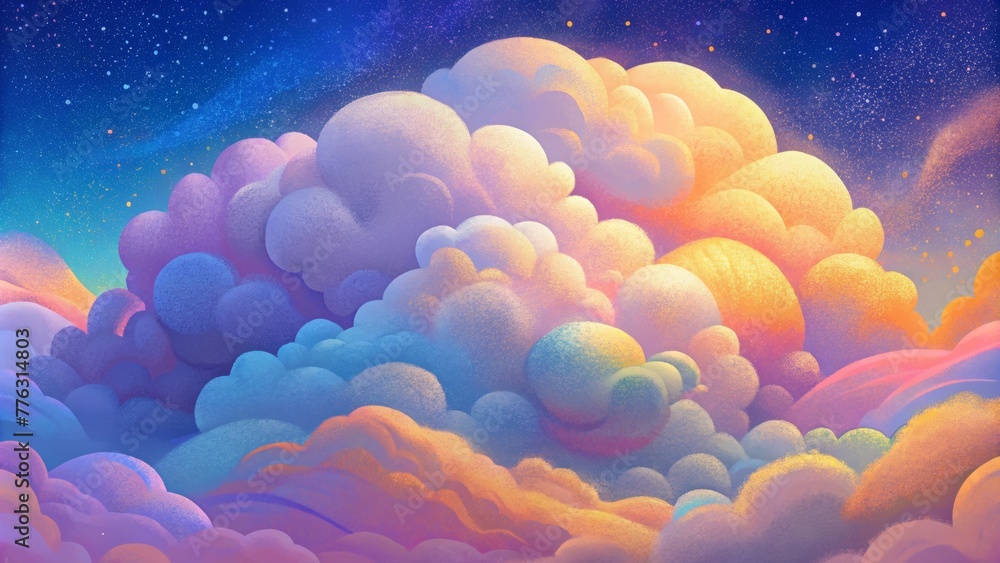 Poster fluffy cumulus clouds floating against a backdrop of vibrant abstract colors evoking a sense of wond