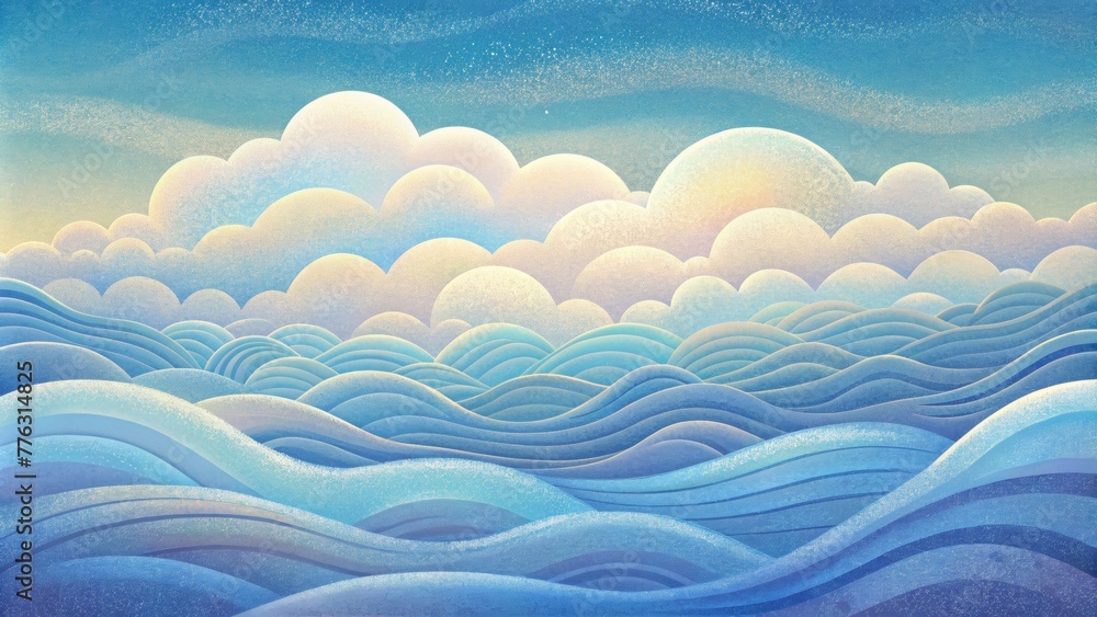 Poster soft undulating ripples of clouds in shades of pale blue and cream mirroring a calming ocean.