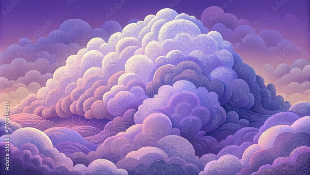 Poster layers of billowing clouds in shades of lavender and lilac resembling a surreal painting.