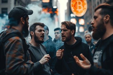 group of young men talking to each other. They appear angry and are shouting at one another in the street - obrazy, fototapety, plakaty