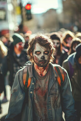 Fototapeta na wymiar Selective focus of Zombies are walking on the city streets.