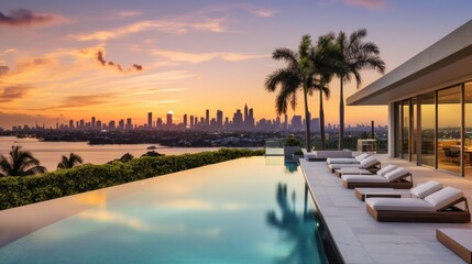 Naklejka premium Modern villa with a private rooftop infinity pool overlooking the Miami skyline in Florida