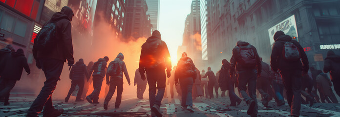 Selective focus of Zombies are walking on the city streets. - obrazy, fototapety, plakaty