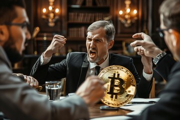 Group of bankers arguing over Bitcoin. Financial world situation.