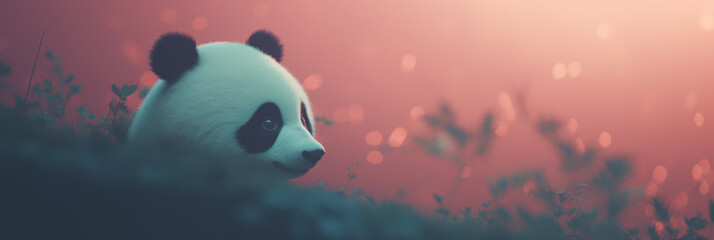 young panda bear is captured in a moment of quiet reflection. The fading light casts a twilight glow on the softly waving grass surrounding the panda, highlighting its distinctive black and white mark - obrazy, fototapety, plakaty