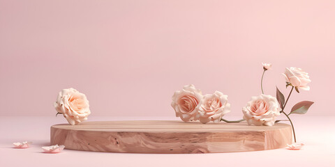 Podium mockup for product presentation with decorative flowers and leaves