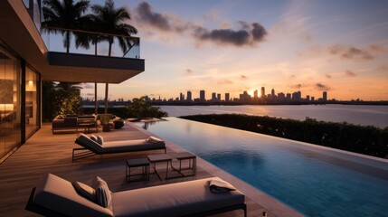 Fototapeta premium Modern villa with a private rooftop infinity pool overlooking the Miami skyline in Florida