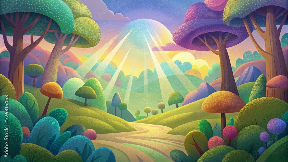 Poster a natural wonderland with vibrant polychromatic patches of sunlight filtering through a canopy of tr