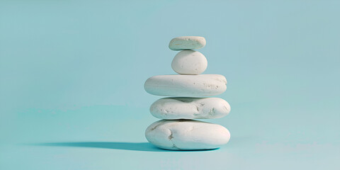 Balanced pebble stones for spa treatments on blue background The balancing cairn symbol of harmony tranquility and relaxation concept of meditation Stack of spa hot stones