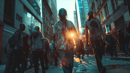 Selective focus of Zombies are walking on the city streets. - obrazy, fototapety, plakaty