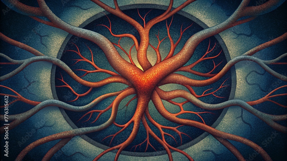 Poster An abstract depiction of arteries as if viewed through a microscope with intricate branching and intertwining patterns.