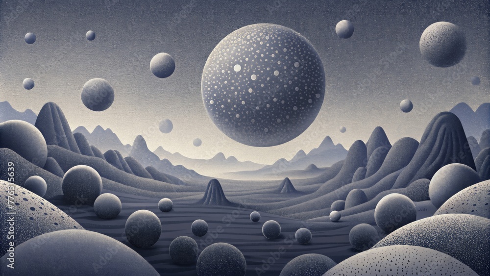 Poster A monochromatic arrangement of dots each arranged in various sizes and distances to create a sense of scale and perspective.