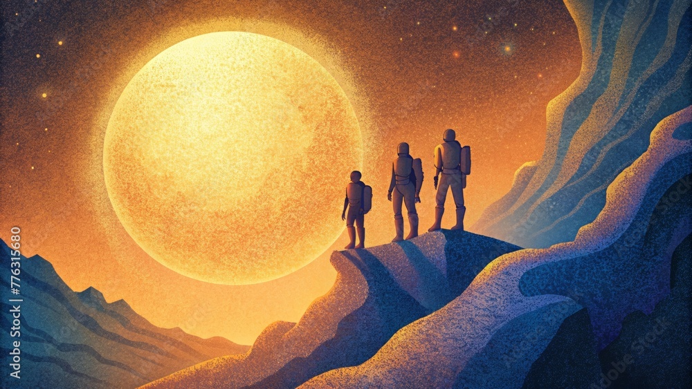 Poster the shadows of astronauts cast by a blazing sun mingling with the harsh lines of a rocky cliff face.