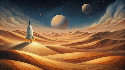 A lone spacecraft standing tall amidst rolling dunes of dusty moonscape.