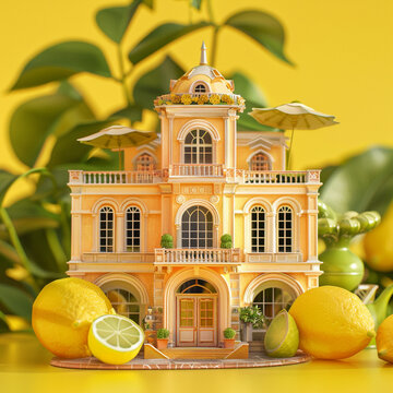 A vibrant 3D Max luxury miniature villa set against a lively lemon yellow background.