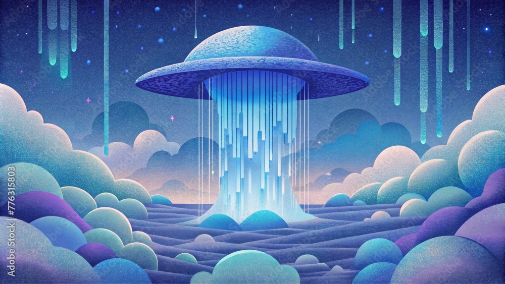 Aufkleber a digital rain shower of dewdrops falling from a cyber sky creating a futuristic and ethereal scene.