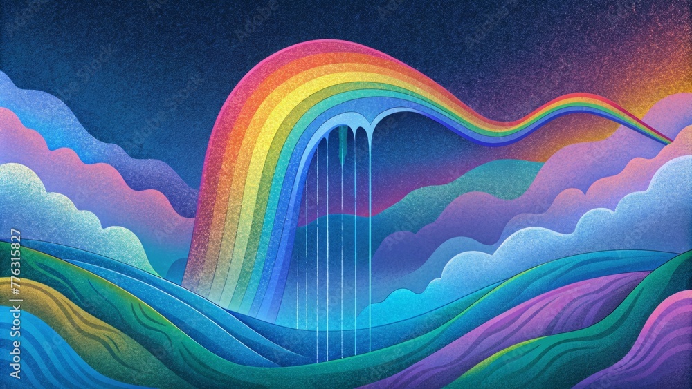 Poster a fluid motion of rainbow colors dancing down in a cascading cascade evoking a sense of wonder and a