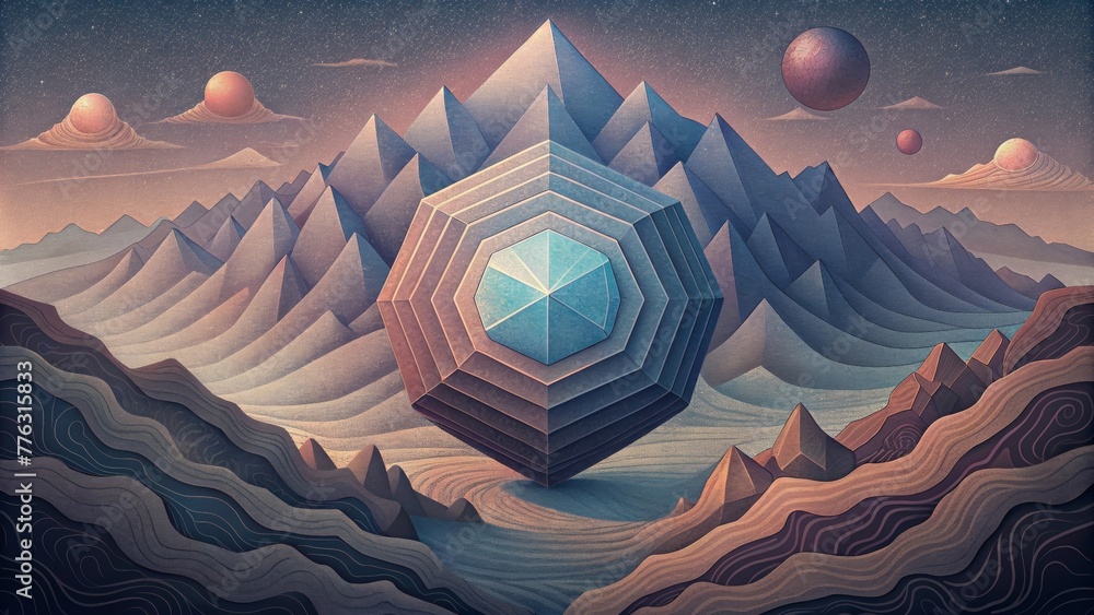 Fototapete a symphony of intricate lines and shapes creating an otherworldly landscape of geode geometry.