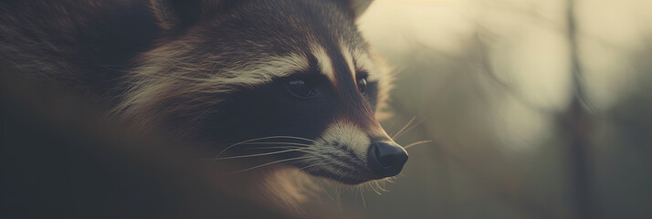 close up of a mystical gaze of a nocturnal raccoon caught in a subdued sunlight