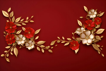 Floral background with red flowers and gold leaves.  illustration.