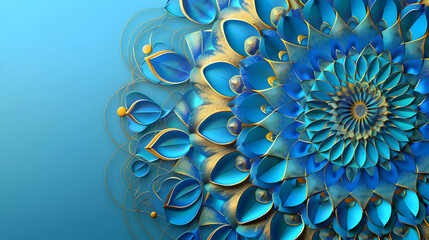 blue and gold mandala on blue background with copyspace, esoteric banner