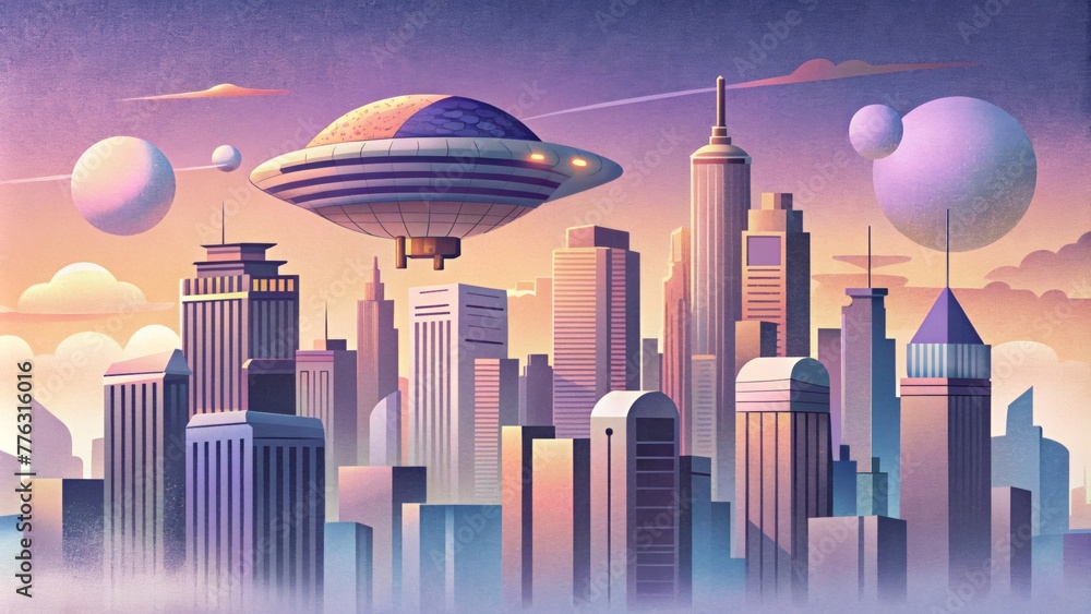 Poster a utopian cityscape pulses with the energy of retrofuturistic innovation as sleek buildings and vint