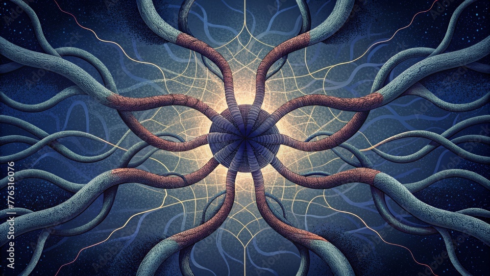 Poster a web of energetic tendrils stretching and bending as they are tugged and pulled by unseen forces.