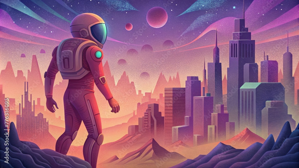 Poster a figure clad in a retro spacesuit journeys through a futuristic metropolis moving to the rhythmic h