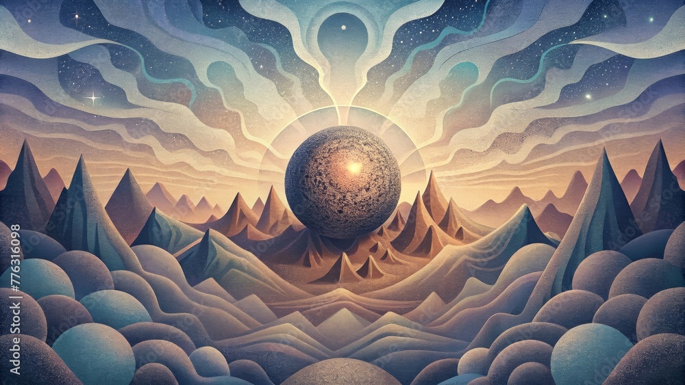 Poster A fragmented and distorted landscape of abstract forms and patterns conveying the intense distortion of space caused by a sonic boom.