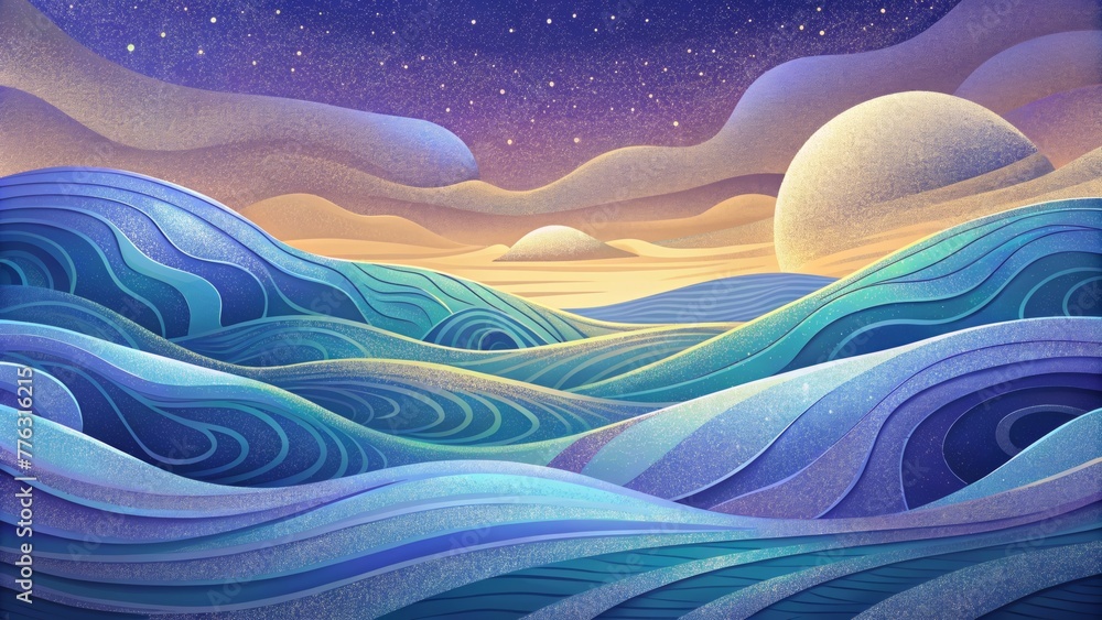 Poster A dreamlike scene of shimmering waves and undulating patterns reminiscent of the reflective surfaces found in vibrant veneers.