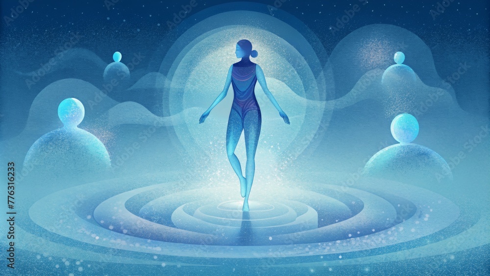 Poster a person walking on water with their body partially transparent and a spiritlike manifestation of th