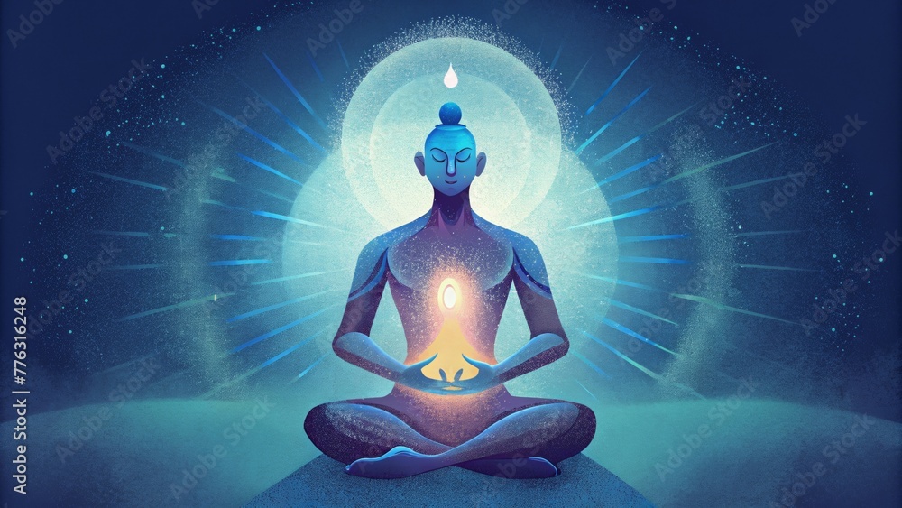 Poster a person sitting in a peaceful meditative state with energy radiating from their heart and a beam of
