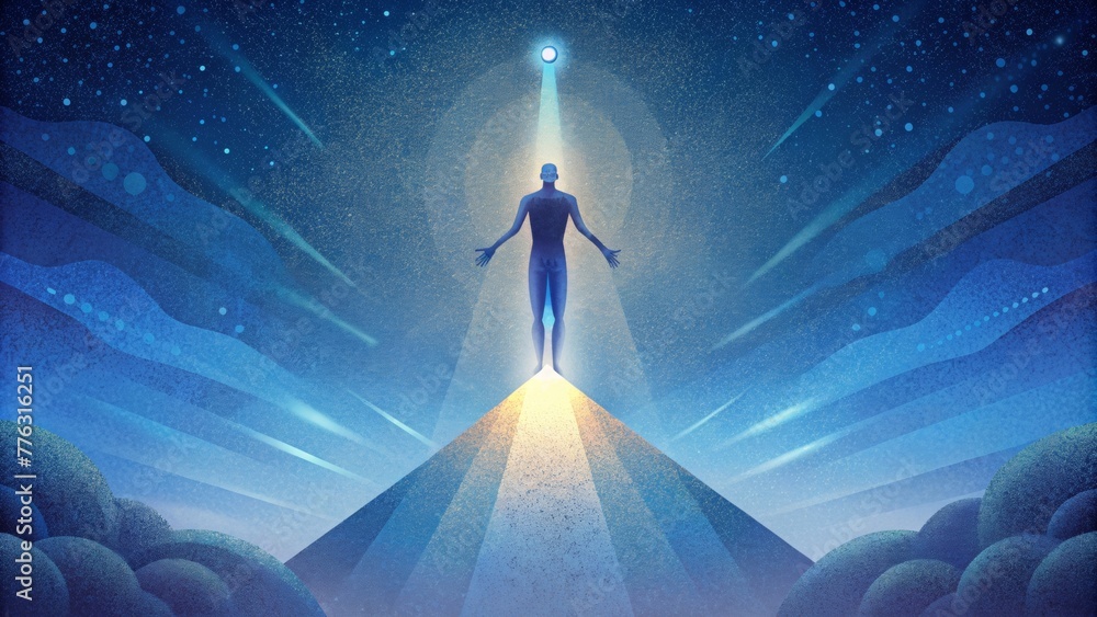 Poster a person reaching towards a beam of light shining down from the sky with their physical body behind 