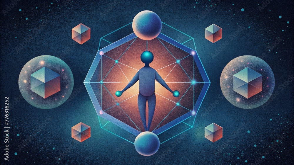 Poster A series of interconnected geometric shapes with a figure floating through them evoking the idea of navigating through different planes of