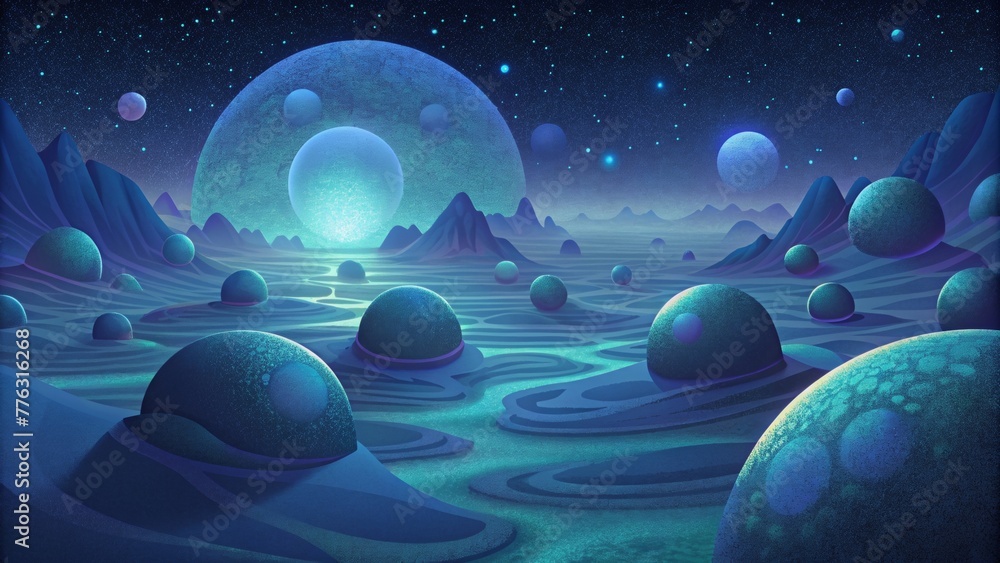 Poster a surreal landscape of glowing orbs floating in a seemingly endless expanse of darkness in the biolu